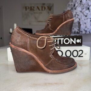 New Frye Caroline Brown Suede Wedge Lace Up Booties Women 6 Leather Platform